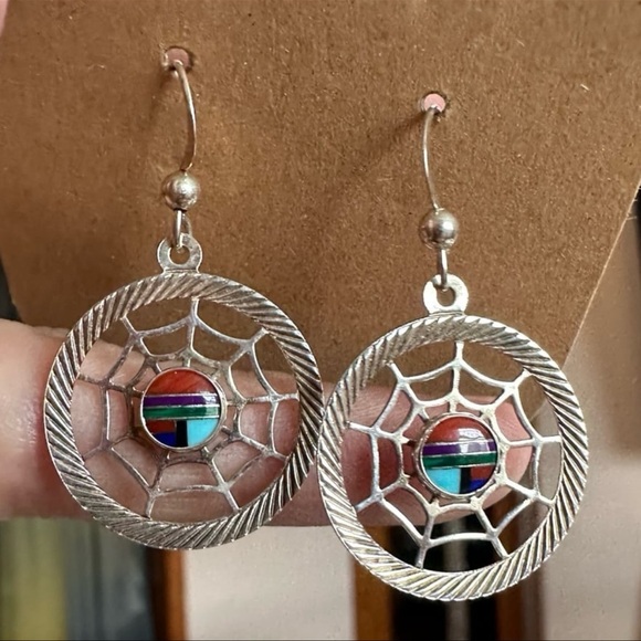 Native Artisan Sterling Silver Spider Web Earrings - Picture 4 of 10